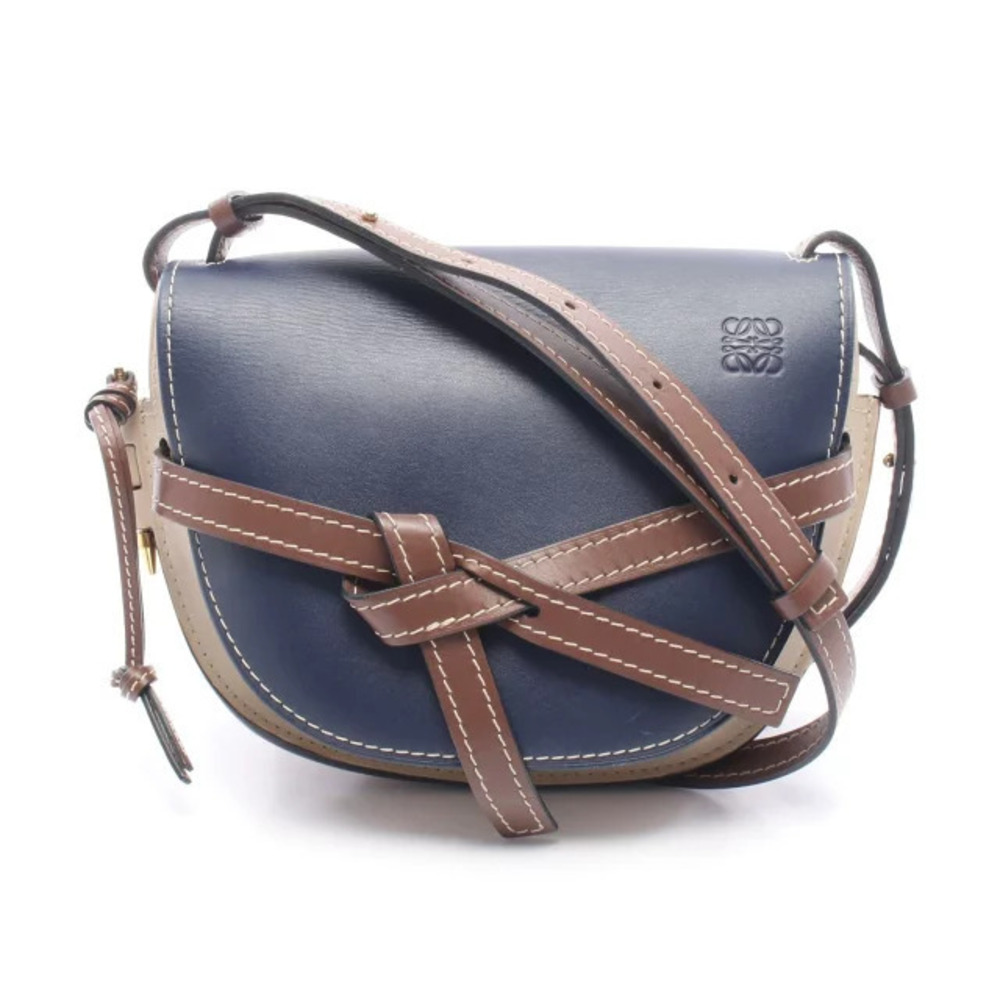 Loewe Gate Bag Shoulder Leather Navy Blue Beige Cream Brown